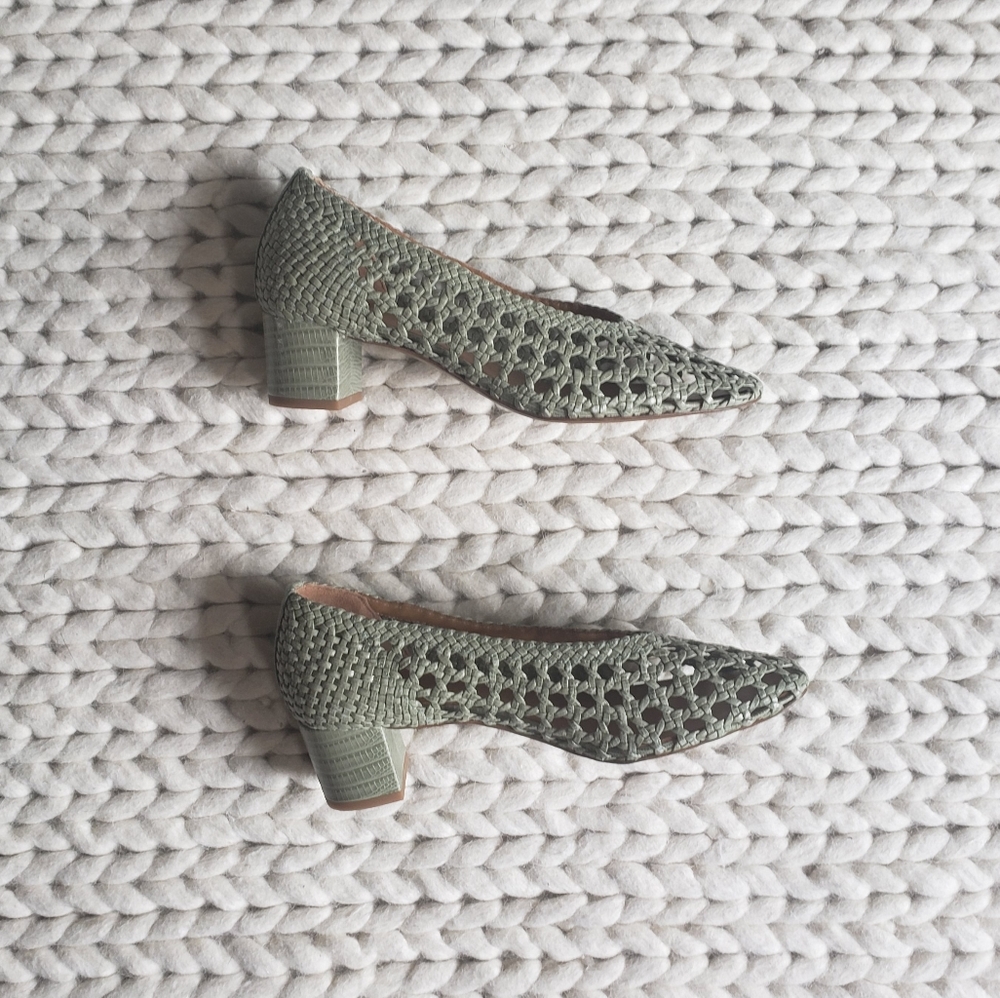 Sezane Woven Laura Court Block Heel Pumps in Sage Green - Picture 5 of 17
